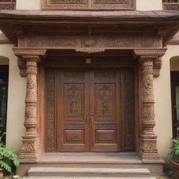 A traditional style house with a main entrance door of 8.6 by 7.8 feet, adorned with intricate wood carvings.