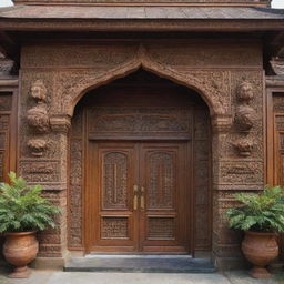 A traditional style house with a main entrance door of 8.6 by 7.8 feet, adorned with intricate wood carvings.