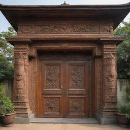 A traditional style house with a main entrance door of 8.6 by 7.8 feet, adorned with intricate wood carvings.