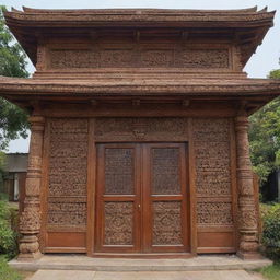 A traditional style house with a main entrance door of 8.6 by 7.8 feet, adorned with intricate wood carvings.