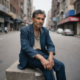 An indigent man, his clothes threadbare and worn, sitting on a neglected urban street corner with a hopeful expression, amidst a backdrop of bustling city life.