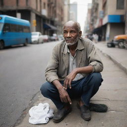 An indigent man, his clothes threadbare and worn, sitting on a neglected urban street corner with a hopeful expression, amidst a backdrop of bustling city life.