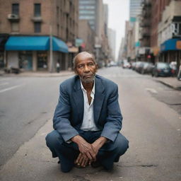 An indigent man, his clothes threadbare and worn, sitting on a neglected urban street corner with a hopeful expression, amidst a backdrop of bustling city life.