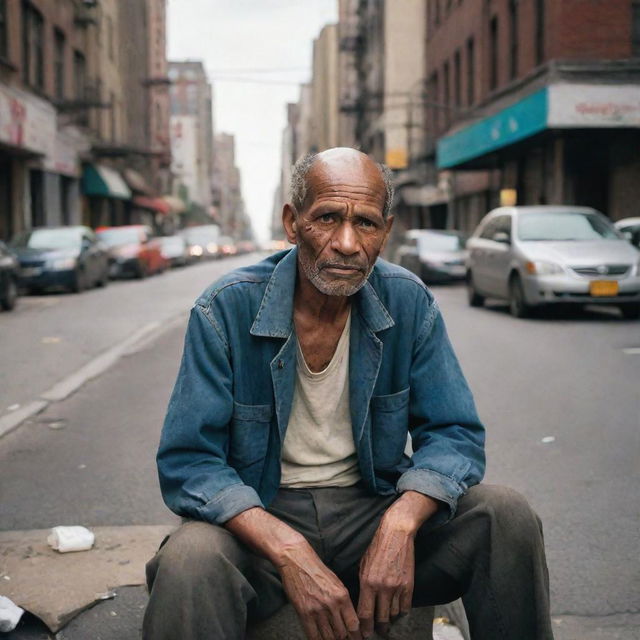 An indigent man, his clothes threadbare and worn, sitting on a neglected urban street corner with a hopeful expression, amidst a backdrop of bustling city life.