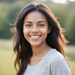 A young lady showcasing the essence of beauty, with radiant skin, sparkling eyes, and a joyous smile. She is dressed in a casual outfit against a softly-blurred, serene natural backdrop.