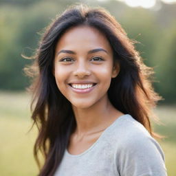 A young lady showcasing the essence of beauty, with radiant skin, sparkling eyes, and a joyous smile. She is dressed in a casual outfit against a softly-blurred, serene natural backdrop.