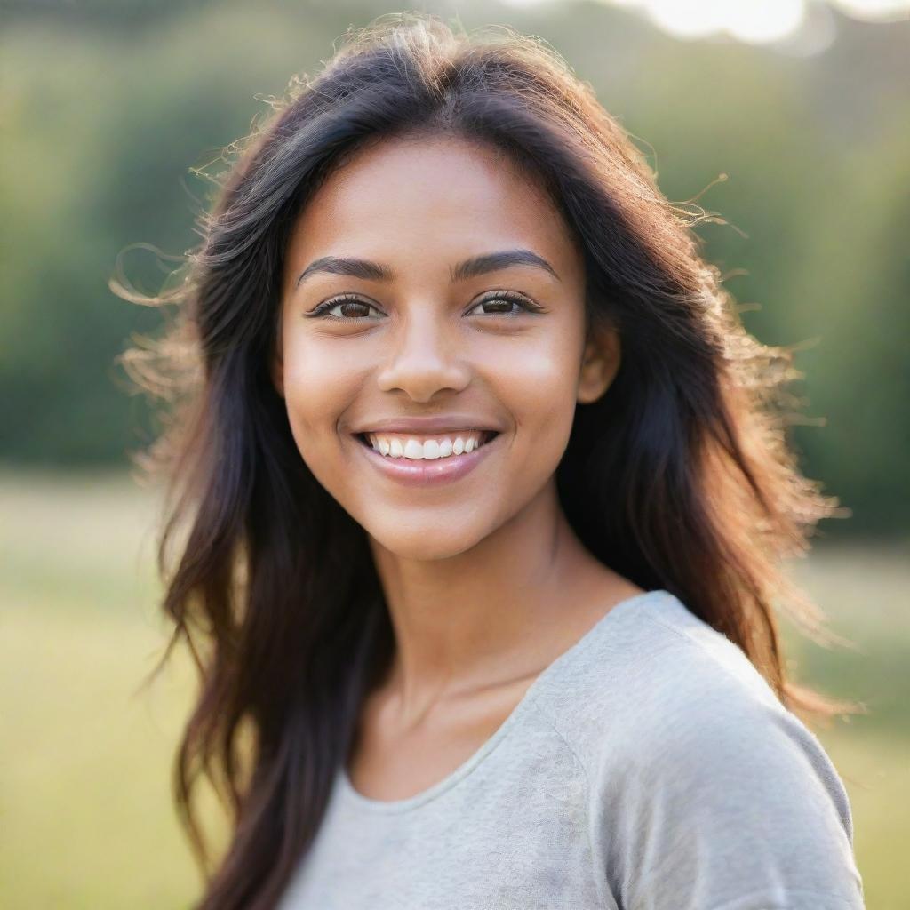 A young lady showcasing the essence of beauty, with radiant skin, sparkling eyes, and a joyous smile. She is dressed in a casual outfit against a softly-blurred, serene natural backdrop.
