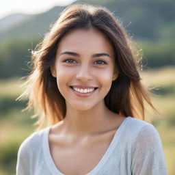 A young lady showcasing the essence of beauty, with radiant skin, sparkling eyes, and a joyous smile. She is dressed in a casual outfit against a softly-blurred, serene natural backdrop.