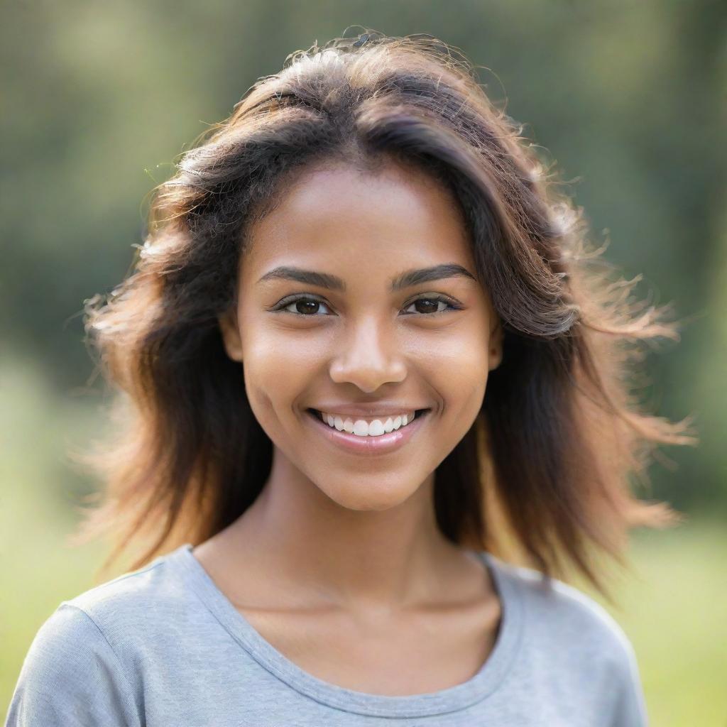 A young lady showcasing the essence of beauty, with radiant skin, sparkling eyes, and a joyous smile. She is dressed in a casual outfit against a softly-blurred, serene natural backdrop.