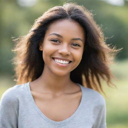 A young lady showcasing the essence of beauty, with radiant skin, sparkling eyes, and a joyous smile. She is dressed in a casual outfit against a softly-blurred, serene natural backdrop.