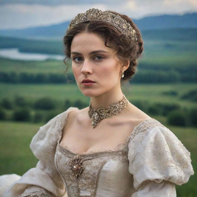 Classic portrait of Anna Karenina, a character from a Russian novel, dressed in 19th-century aristocratic attire with a backdrop of Russian landscape.