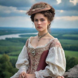 Classic portrait of Anna Karenina, a character from a Russian novel, dressed in 19th-century aristocratic attire with a backdrop of Russian landscape.