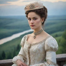 Classic portrait of Anna Karenina, a character from a Russian novel, dressed in 19th-century aristocratic attire with a backdrop of Russian landscape.