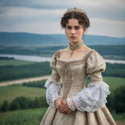 Classic portrait of Anna Karenina, a character from a Russian novel, dressed in 19th-century aristocratic attire with a backdrop of Russian landscape.