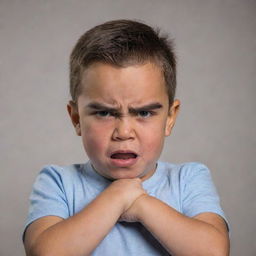 A young child displaying an expression of anger, with his eyebrows furrowed, mouth turned down in a scowl, and arms crossed defiantly.