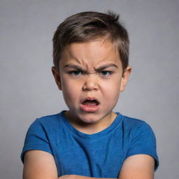 A young child displaying an expression of anger, with his eyebrows furrowed, mouth turned down in a scowl, and arms crossed defiantly.