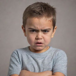 A young child displaying an expression of anger, with his eyebrows furrowed, mouth turned down in a scowl, and arms crossed defiantly.