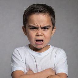 A young child displaying an expression of anger, with his eyebrows furrowed, mouth turned down in a scowl, and arms crossed defiantly.