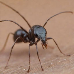 A detailed close-up of an ant. The ant is hard at work, showcasing its physical characteristics such as its segmented body, its six slender legs, and its antennas