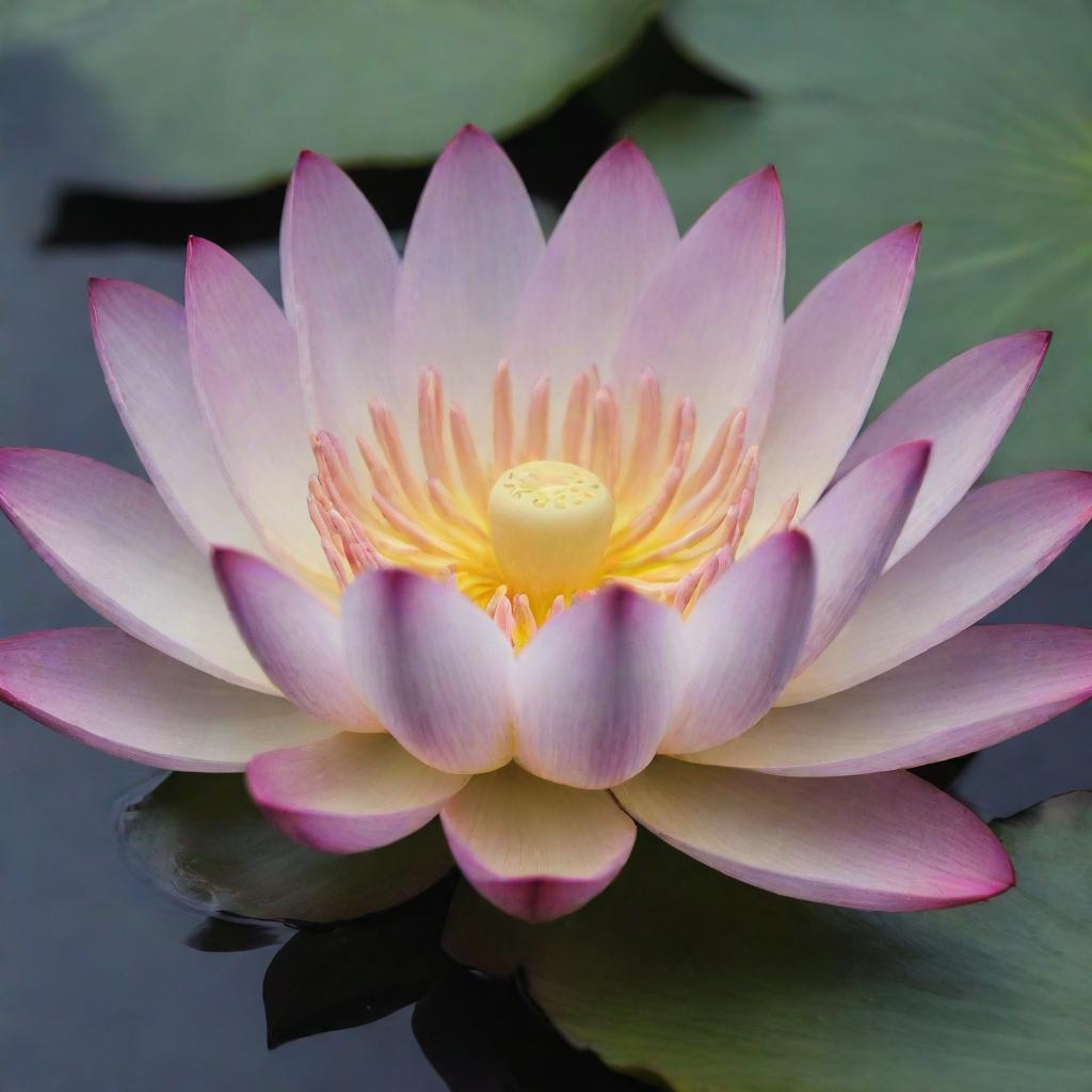 A beautiful, radiant lotus flower in full bloom, floating serenely on a peaceful pond. The lotus displays its vibrant petals contrasting with the calm, dark water