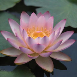 A beautiful, radiant lotus flower in full bloom, floating serenely on a peaceful pond. The lotus displays its vibrant petals contrasting with the calm, dark water