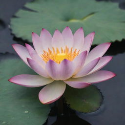 A beautiful, radiant lotus flower in full bloom, floating serenely on a peaceful pond. The lotus displays its vibrant petals contrasting with the calm, dark water