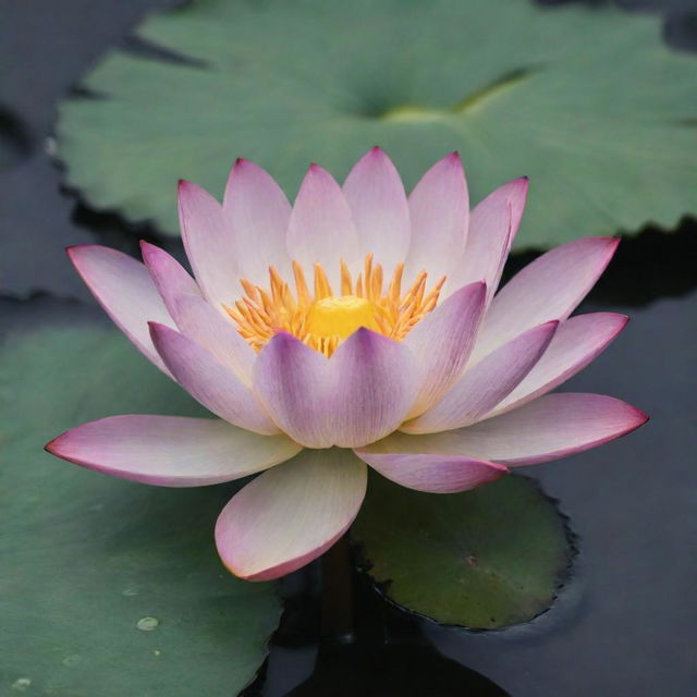 A beautiful, radiant lotus flower in full bloom, floating serenely on a peaceful pond. The lotus displays its vibrant petals contrasting with the calm, dark water