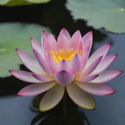 A beautiful, radiant lotus flower in full bloom, floating serenely on a peaceful pond. The lotus displays its vibrant petals contrasting with the calm, dark water