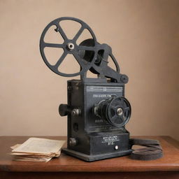 A vintage movie theatre featuring a classic film reel camera and a director's clapboard.