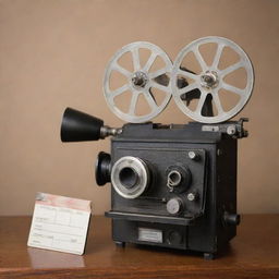 A vintage movie theatre featuring a classic film reel camera and a director's clapboard.