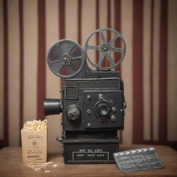 A vintage movie theatre featuring a classic film reel camera and a director's clapboard.