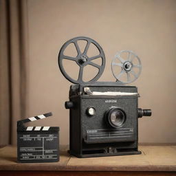 A vintage movie theatre featuring a classic film reel camera and a director's clapboard.