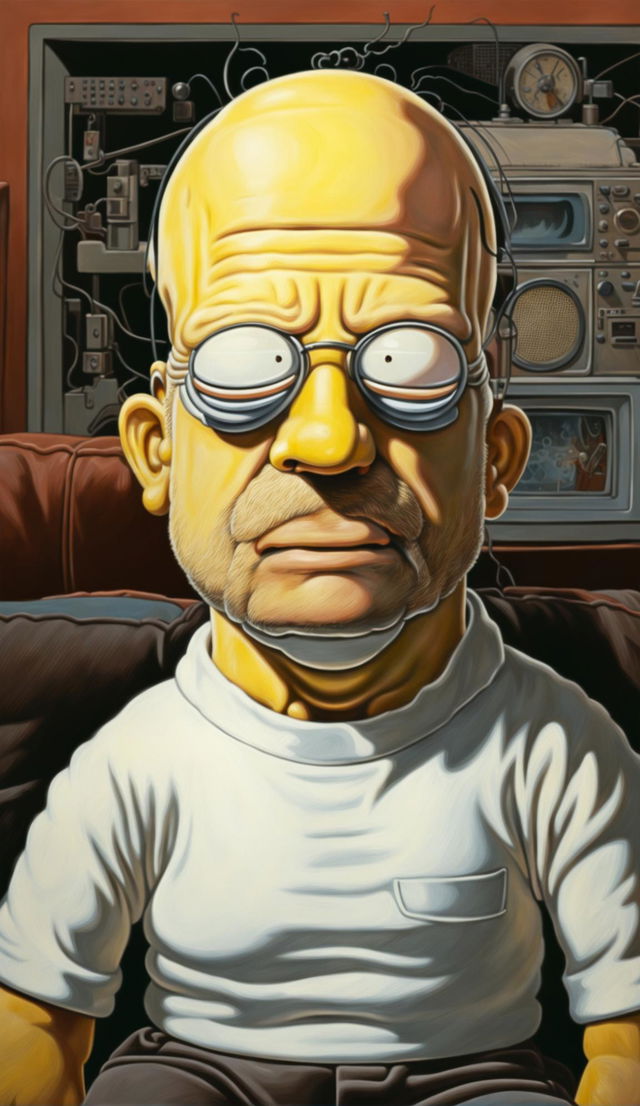 A hyper-realistic depiction of Homer Simpson in an 80s TV show setting, complete with detailed facial features, tangible fabrics, and a faithfully recreated living room.