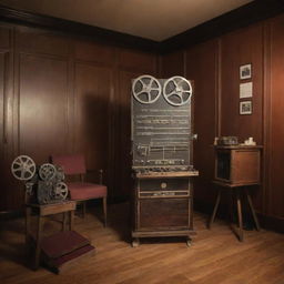 A vintage movie theatre, complete with old film reels, a classic camera, and a wooden director's clapboard set under soft lighting.