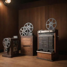 A vintage movie theatre, complete with old film reels, a classic camera, and a wooden director's clapboard set under soft lighting.