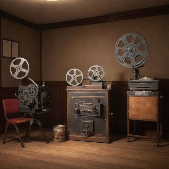 A vintage movie theatre, complete with old film reels, a classic camera, and a wooden director's clapboard set under soft lighting.