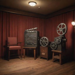 A vintage movie theatre, complete with old film reels, a classic camera, and a wooden director's clapboard set under soft lighting.