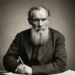 Historic portrait of Leo Tolstoy, a prominent Russian author. He appears thoughtful, clad in typical 19th-century attire,and holding a classic quill pen.