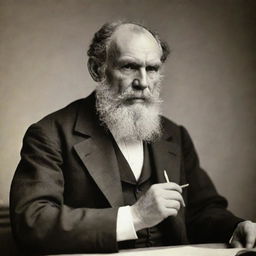 Historic portrait of Leo Tolstoy, a prominent Russian author. He appears thoughtful, clad in typical 19th-century attire,and holding a classic quill pen.