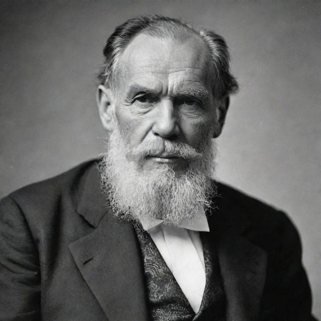 Historic portrait of Leo Tolstoy, a prominent Russian author. He appears thoughtful, clad in typical 19th-century attire,and holding a classic quill pen.