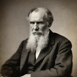 Historic portrait of Leo Tolstoy, a prominent Russian author. He appears thoughtful, clad in typical 19th-century attire,and holding a classic quill pen.