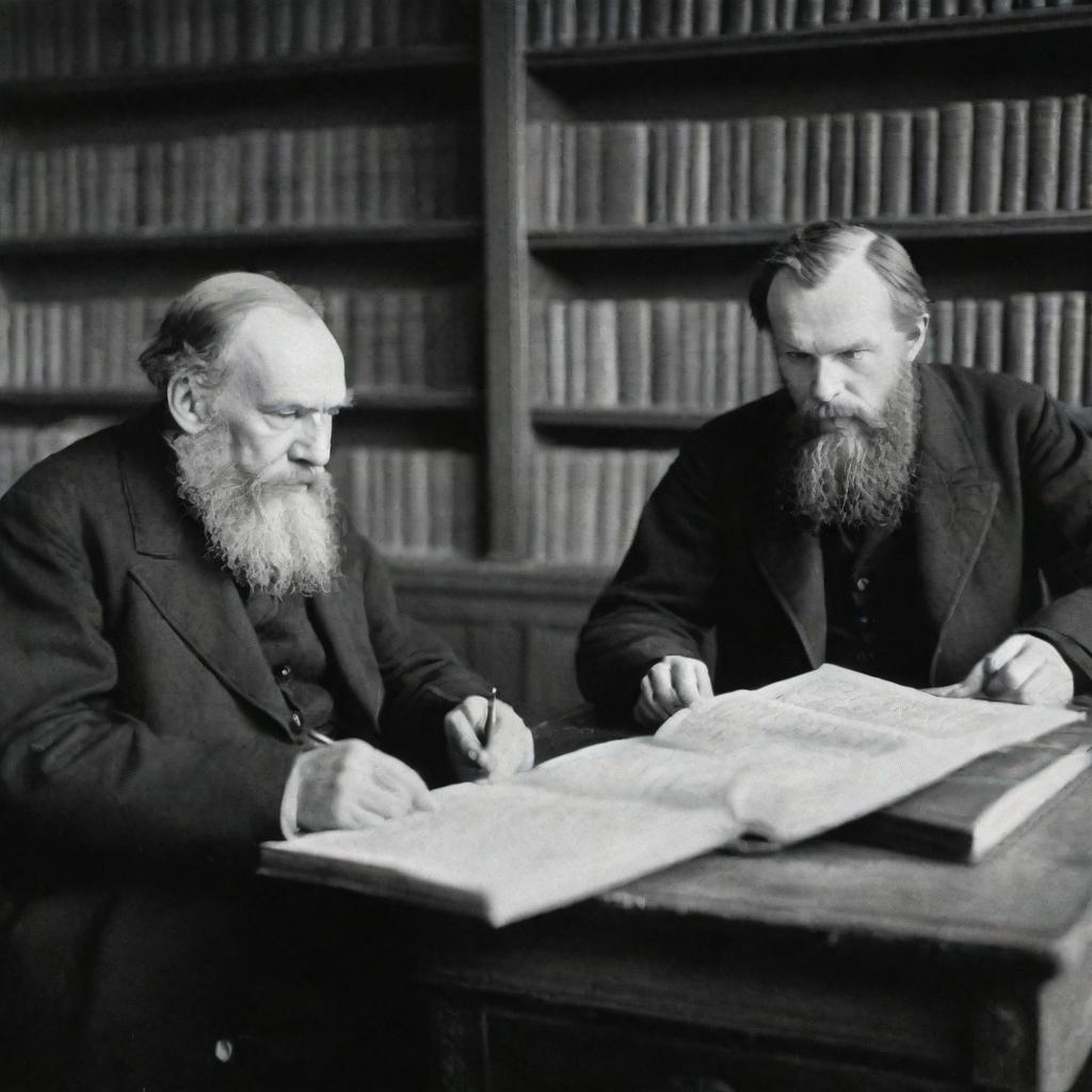 Leo Tolstoy and Fyodor Dostoevsky, two of Russia's most revered authors, deeply engrossed in reading books in a 19th-century Russian study setting.