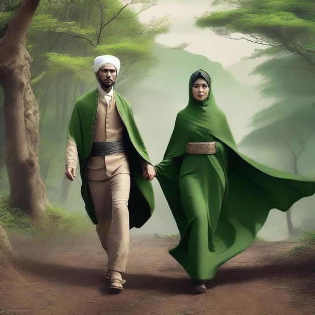 A high-resolution, ultra-realistic photo captures a Javanese prince and a beautiful Indonesian queen in hijab