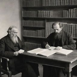 Leo Tolstoy and Fyodor Dostoevsky, two of Russia's most revered authors, deeply engrossed in reading books in a 19th-century Russian study setting.