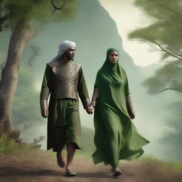 A high-resolution, ultra-realistic photo captures a Javanese prince and a beautiful Indonesian queen in hijab