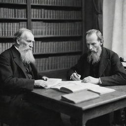 Leo Tolstoy and Fyodor Dostoevsky, two of Russia's most revered authors, deeply engrossed in reading books in a 19th-century Russian study setting.