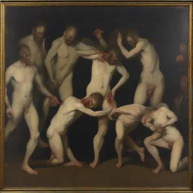 The painting depicted a scene of excruciation, with the tortured figures writhing in agony.
