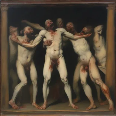 The painting depicted a scene of excruciation, with the tortured figures writhing in agony.