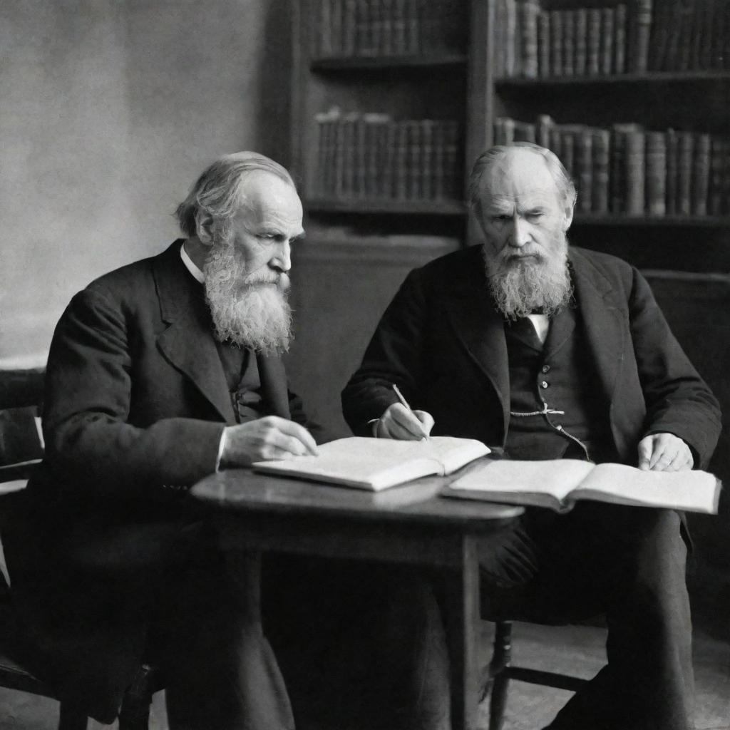 Leo Tolstoy and Fyodor Dostoevsky, two of Russia's most revered authors, deeply engrossed in reading books in a 19th-century Russian study setting.