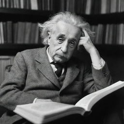 Albert Einstein deep in thought while reading 'Brothers Karamazov' by Fyodor Dostoevsky in a quiet, comfortable environment